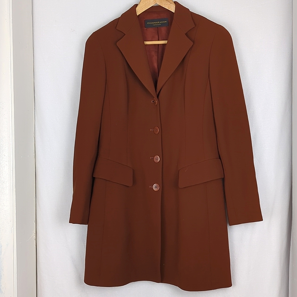DONNA KARAN Women's Brown Notched Lapel Long Line Walker Jacket